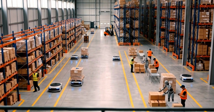 Photograph of a large warehouse showing automated mobile robots transporting pallets alongside workers in orange safety vests. Tall shelving, boxed inventory, yellow floor lanes, loading equipment, and warehouse aisles highlight coordinated logistics and order fulfillment.