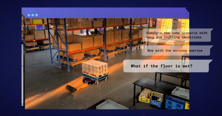 Screenshot of a warehouse simulation showing automated vehicles navigating shelving aisles. Overlay labels compare very dim lighting, morning sunrise, and wet-floor conditions, with blue-purple interface framing and orange sunlight across concrete flooring.